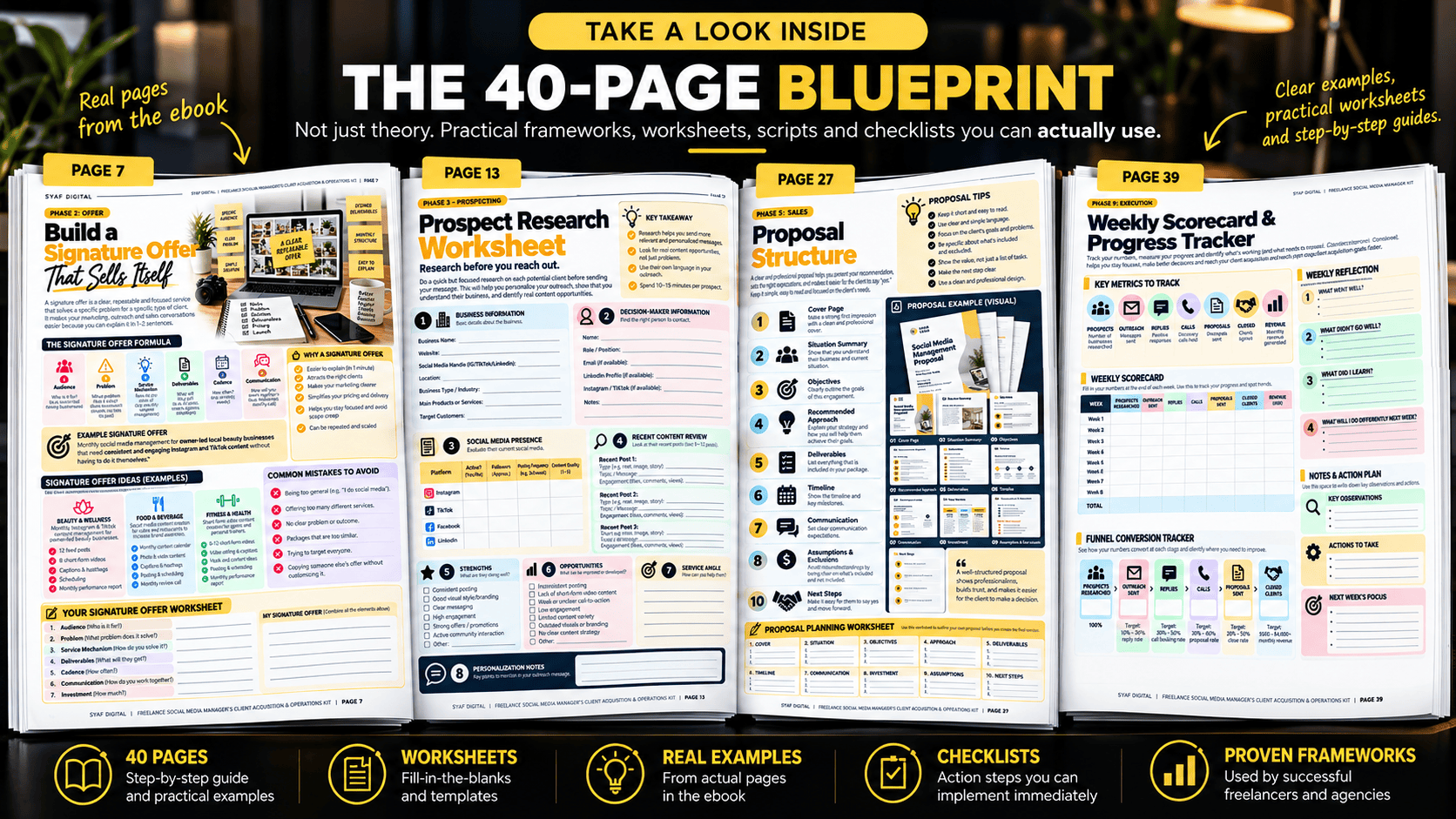 Actual pages from the 40 page freelance social media manager blueprint